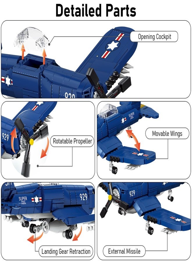 Vziimo WW2 Military Airplane Building Set, F4U Corsair Fighter Jet Models Kit, Aircraft Airplane Building Set for Teens Adults 14+ (562Pcs) - Image 3