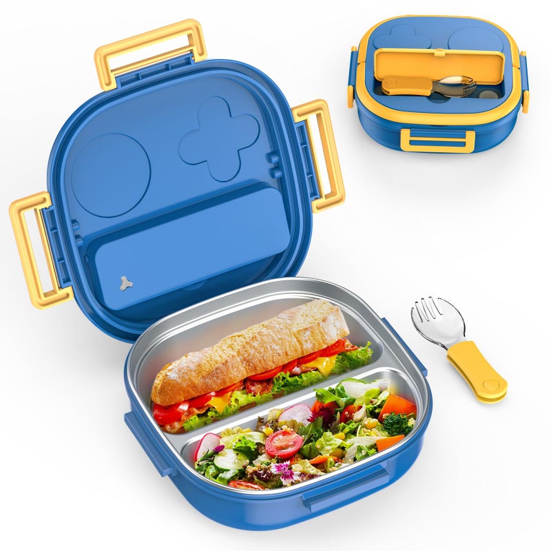 PEDECO Bento Box for Kids Stainless Steel 3Compartment Complete Lunch Set with Portable Utensil Ideal for Children Under 10 Years Old Dishwasher Safe BPAFreeBlue