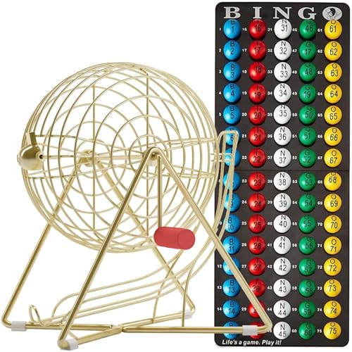 MR CHIPS 11" (Inch) Tall Professional Bingo Set with Steel Cage, Everlasting 7/8” Balls, Master Board for Balls - Luxury Gold Color - Image 1