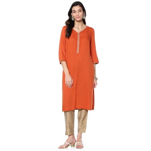 BIBA Women's Rayon Solid Regular Fit Kurtas (SLDCR21222EAW24ABRORG_Amber Orange, Small - Image 1