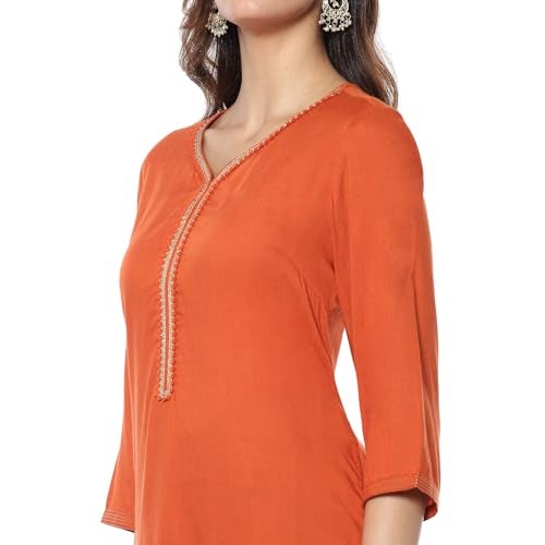 BIBA Women's Rayon Solid Regular Fit Kurtas (SLDCR21222EAW24ABRORG_Amber Orange, Small - Image 2