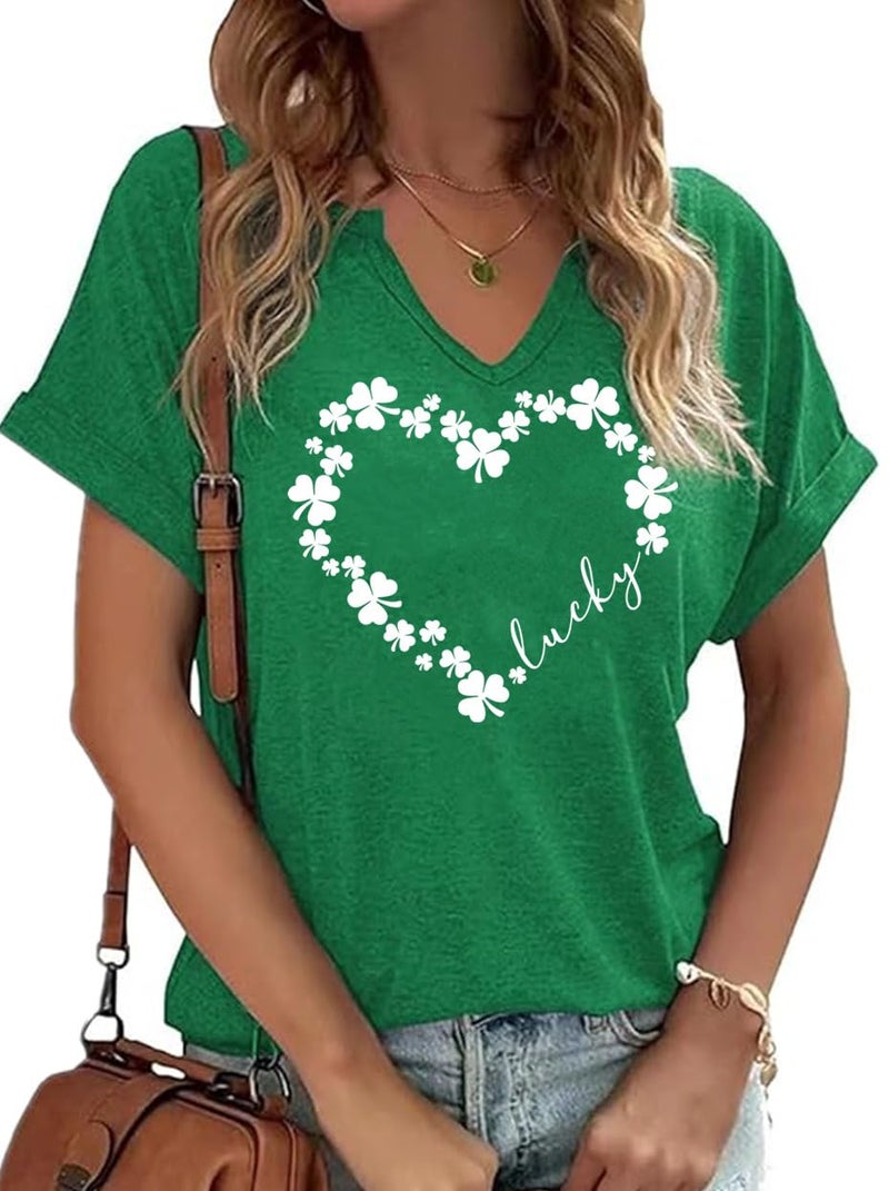 St. Patrick's Day Shirts Women V Neck Lucky Shamrock Clover T-Shirts Irish Festival Graphic Tee Tops(Green-1,XL)