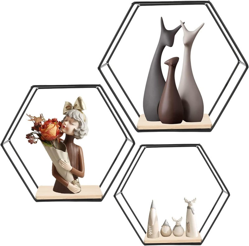 Jukkre Jukkre Hexagon Shelves Set of 3 Wall Mounted Floating Hexagon Shelves, 3pcs Different Sizes Metal Framed Shelves with Wooden Floor for Wall Storage & Display in Modern Style  - Image 1