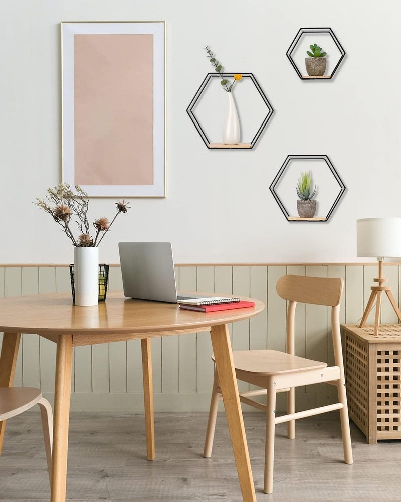Jukkre Jukkre Hexagon Shelves Set of 3 Wall Mounted Floating Hexagon Shelves, 3pcs Different Sizes Metal Framed Shelves with Wooden Floor for Wall Storage & Display in Modern Style  - Image 2