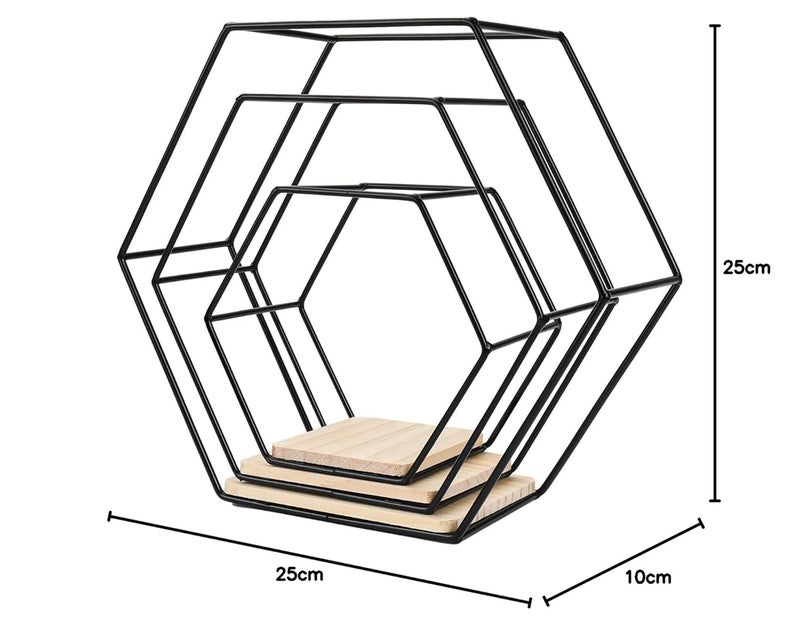 Jukkre Jukkre Hexagon Shelves Set of 3 Wall Mounted Floating Hexagon Shelves, 3pcs Different Sizes Metal Framed Shelves with Wooden Floor for Wall Storage & Display in Modern Style  - Image 3
