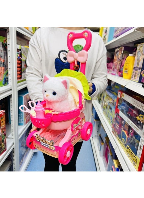 Nora Pet Baby Pet Cart Rabbit Dog Cat Calling Walking Children Simulation Play-house Toy-Color:Luxury Trolley + Electric Cat [can Walk And Meow]-Specification:Battery Version [rechargeable Battery + Charger + Screwdriver]