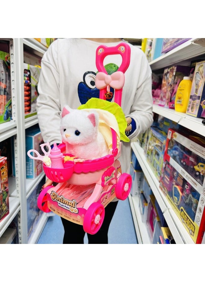 null - Nora Pet Baby Pet Cart Rabbit Dog Cat Calling Walking Children Simulation Play-house Toy-Color:Luxury Trolley + Electric Cat [can Walk And Meow]-Specification:Battery Version [rechargeable Battery + Charger + Screwdriver] - Image 1