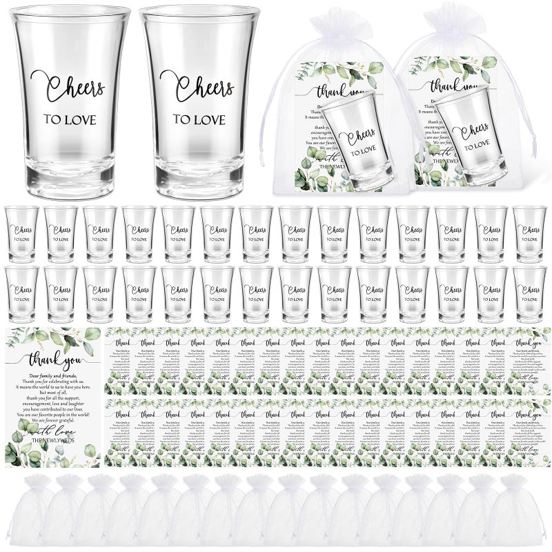 Uiifan 50 Sets Wedding Favors for Guests Wedding Shot Glasses Acrylic Clear Plastic Shot Glasses with Thank You Cards and Organza Bags for Guest Newlyweds Bridal Shower Gift (Cheers to Love) - Image 1