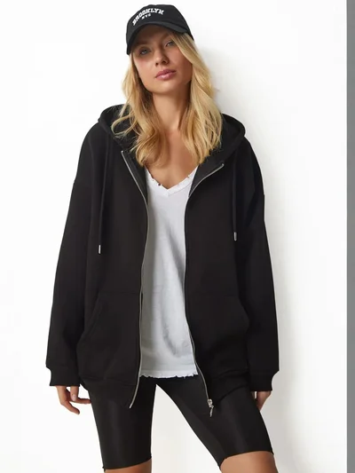 Happiness İstanbul ISTANBUL Oversized Hooded Zip-Up Sweatshirt with Pockets