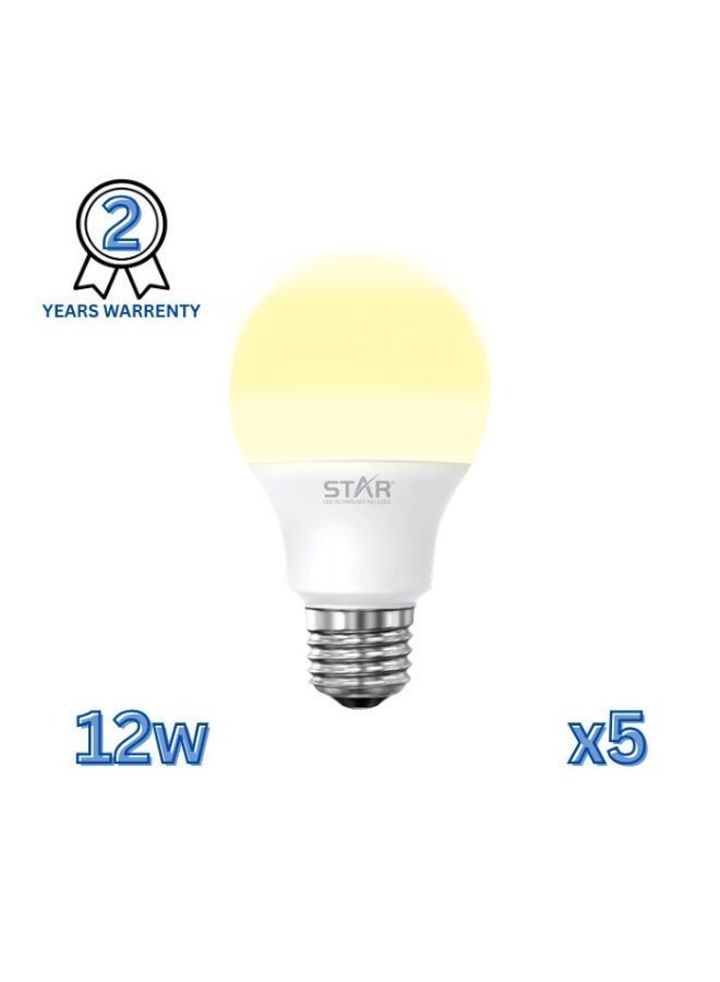 ستار مصباح LED بقوة 12 واط وقاعدة E27، موفر للطاقة، إضاءة صفراء دافئة ساطعة 3000 كلفن، 1200 لومن، قاعدة E27 قياسية، عمر طويل، إضاءة صديقة للبيئة ( 5 قطع ) - Image 1