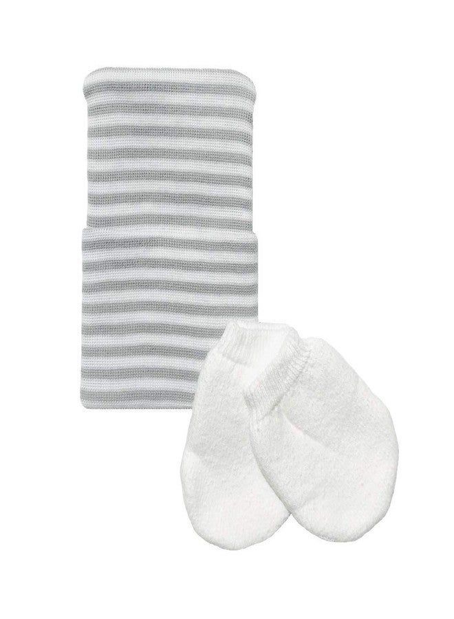 Nurses Choice Gender Neutral Newborn Gray & White Hospital Hat & Mitten Set - Soft Infant Beanie with No‑Scratch Mittens - Image 1