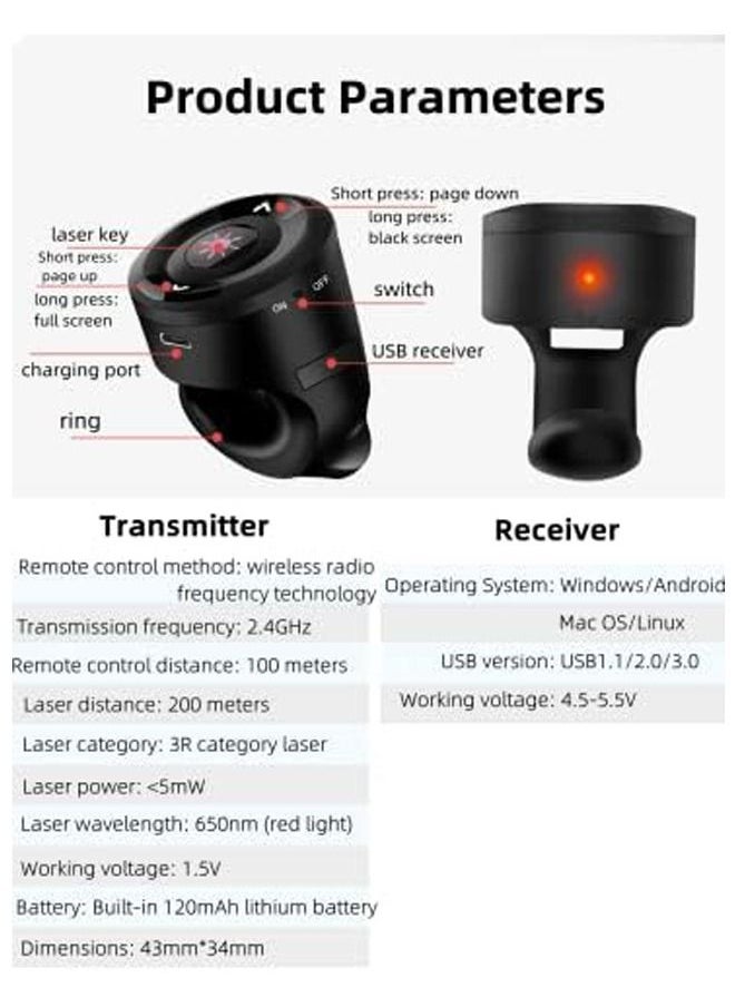 Generic 2.4G Wireless Presenter for Powerpoint Presentation Remote Control Red Laser Pointer,Finger Ring Presenter Rechargeable Slide Remote for Powerpoint Presentation Clicker for Computer  - Image 4
