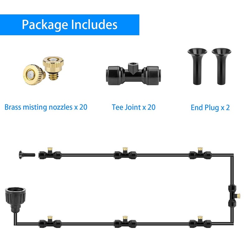 Petutu 20 Pack Brass Mister Nozzles with 20 Pack Misting Nozzle Tees with 2 Pack End Plugs for Outdoor Cooling System Patio Misting System - Image 5