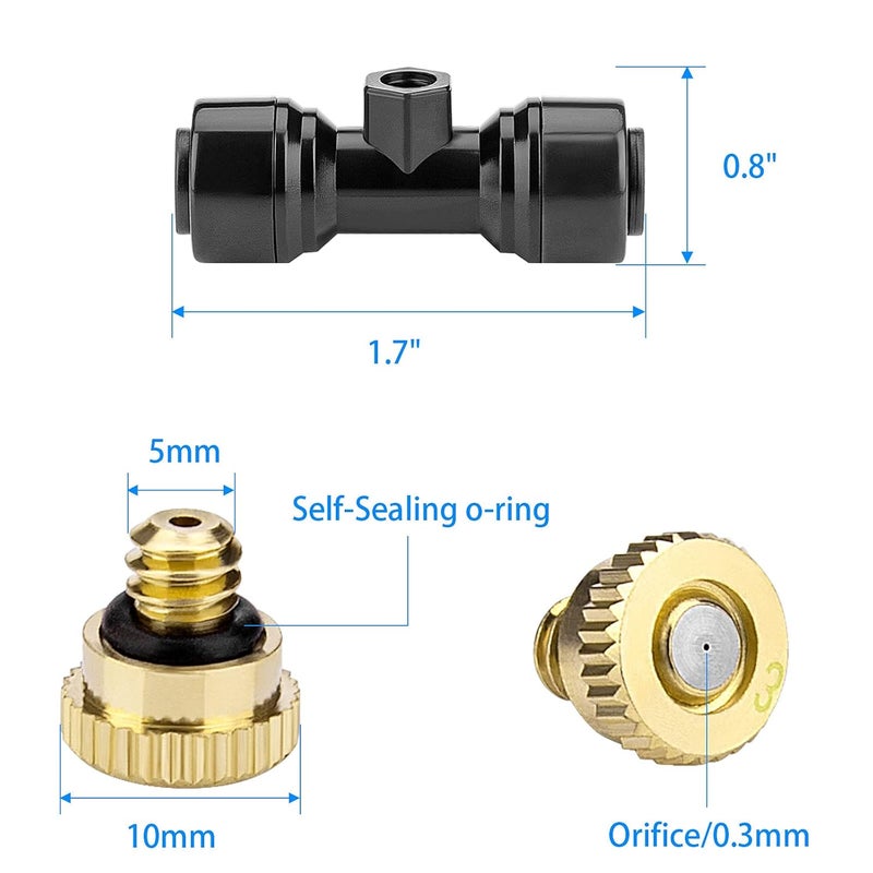 Petutu 20 Pack Brass Mister Nozzles with 20 Pack Misting Nozzle Tees with 2 Pack End Plugs for Outdoor Cooling System Patio Misting System - Image 2