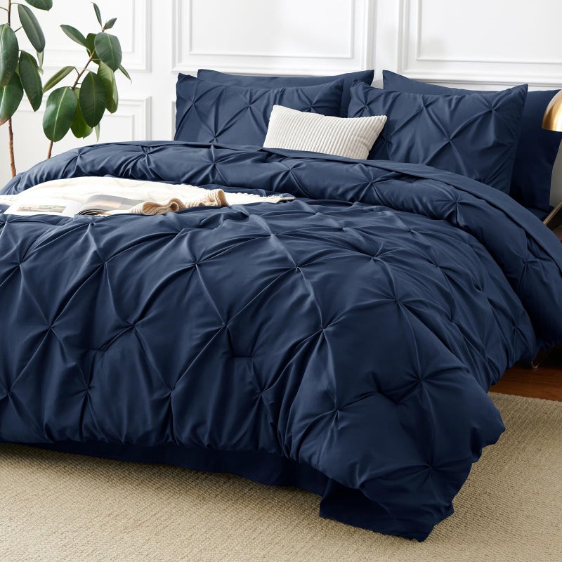 CozyLux King Size Comforter Set Navy Blue, Pintuck Bed in A Bag 7 Pieces, Pinch Pleat Bedding Sets with All Season Comforter, Pillow Sham, Flat Sheet, Fitted Sheet and Pillowcase, Navy Blue, King - Image 1