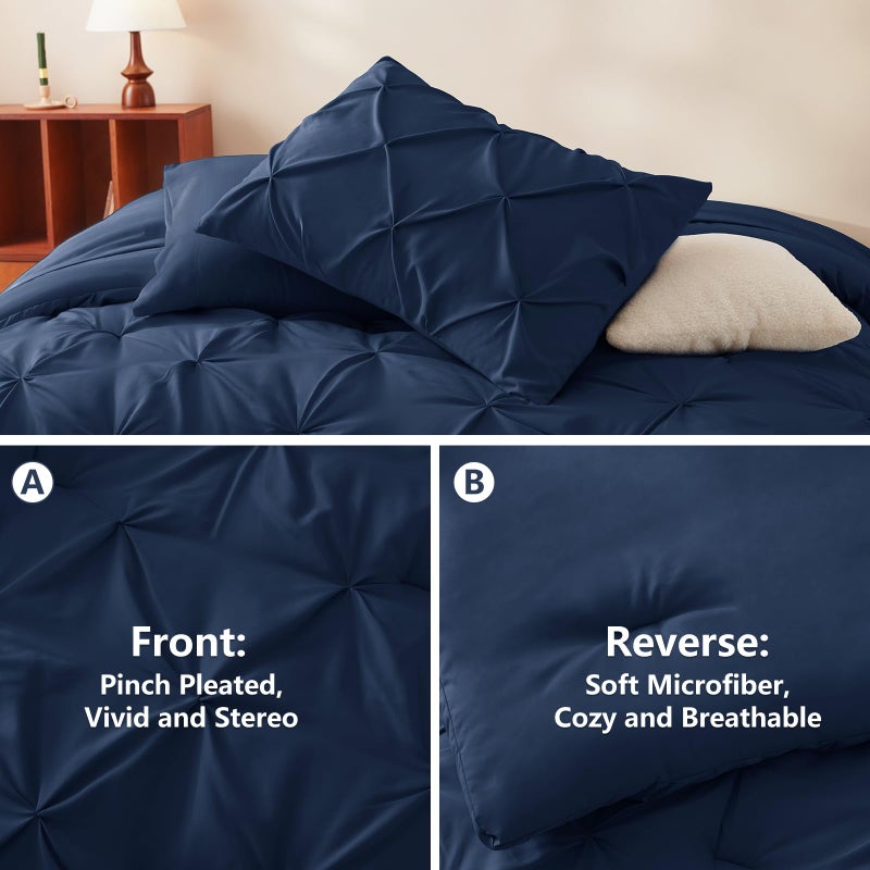 CozyLux King Size Comforter Set Navy Blue, Pintuck Bed in A Bag 7 Pieces, Pinch Pleat Bedding Sets with All Season Comforter, Pillow Sham, Flat Sheet, Fitted Sheet and Pillowcase, Navy Blue, King - Image 3