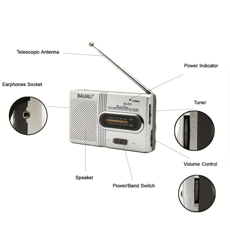 Portable AM FM Radio Mini Radio With Telescopic Antenna And Headphone Jack Stereo Speakers Receiver Music Player Silvery - Image 3