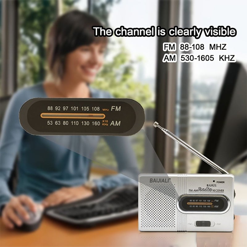 Portable AM FM Radio Mini Radio With Telescopic Antenna And Headphone Jack Stereo Speakers Receiver Music Player Silvery - Image 4