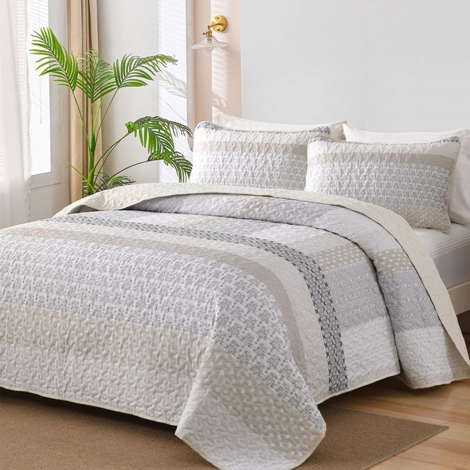 BEIGE QUILT QUEEN SIZE BOHEMIAN STRIPE QUILT SETS 3 PIECES BEIGE BOHO QUILTED BEDSPREAD SET LIGHTWEIGHT MICROFIBER COVERLET BEDDING SET ALL SEASON 96X90
