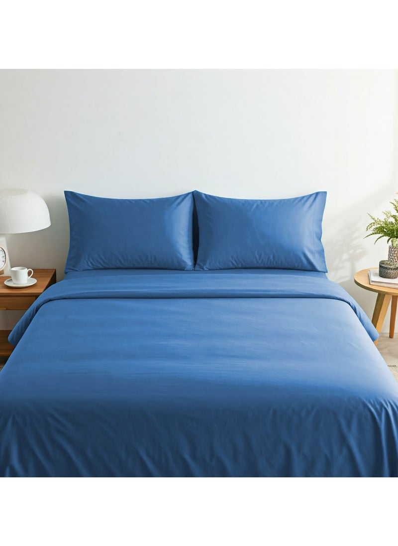 Home-Tex Design 3 Piece Hometex Design King Size Dyed Flat Sheet Set Blue - 1 Flat Sheet (240x260 cm)+ 2 Pillow Covers (50x75 cm)  - Image 1