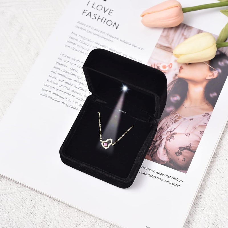 Omeet Velvet Metal Glossy with LED Pendant Box Necklace Box Couple Bracelet Box Jewelry Gift Box Case for Valentine's Day Anniversary Wedding Engagment Christmas - Black - Image 5