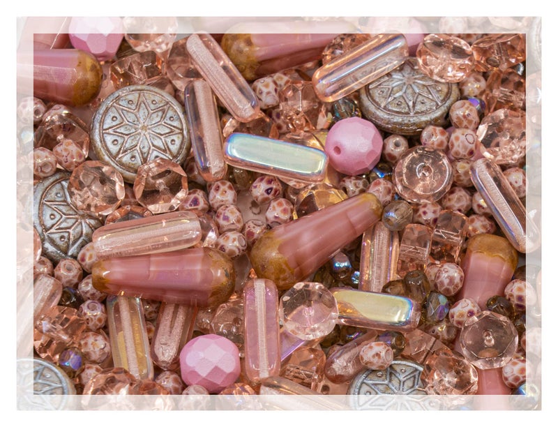 Bohemia Crystal Valley 2.1oz (60 g) Mix of Unique Czech Bohemia Glass Pressed Beads, Dirty Pink Antique, Table Cut, Matte and Glossy, Faceted Fire Polish, Hand Made Set Kit BCV - Image 1