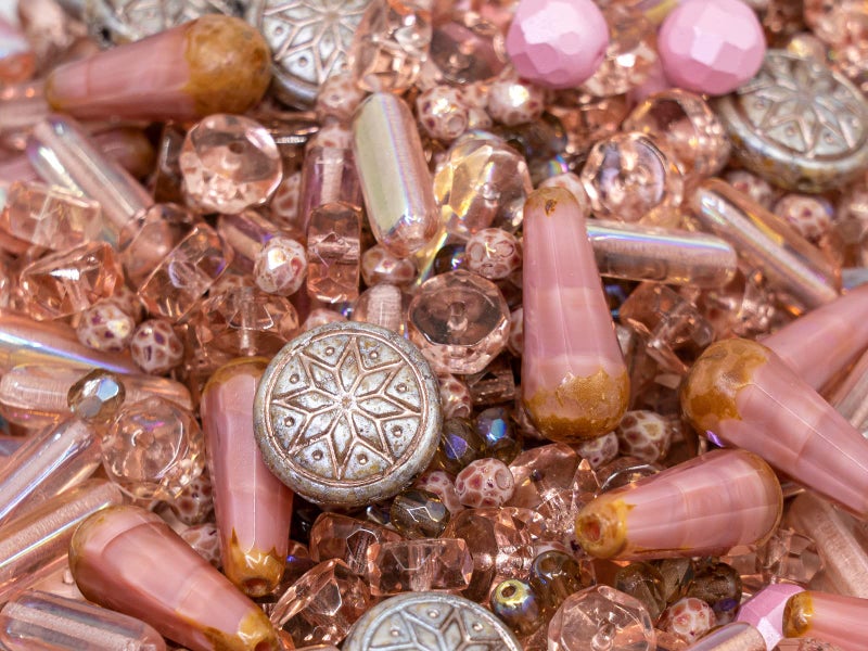 Bohemia Crystal Valley 2.1oz (60 g) Mix of Unique Czech Bohemia Glass Pressed Beads, Dirty Pink Antique, Table Cut, Matte and Glossy, Faceted Fire Polish, Hand Made Set Kit BCV - Image 2