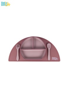 Babies Basic Feeding Set, 3 Piece, Silicone Set For Self Feeding, Learning & Fine Motor Skills Soft, Easy To Grip,Silicone Suction Plate With Silicone Spoon And Fork - Pink  - Image 1