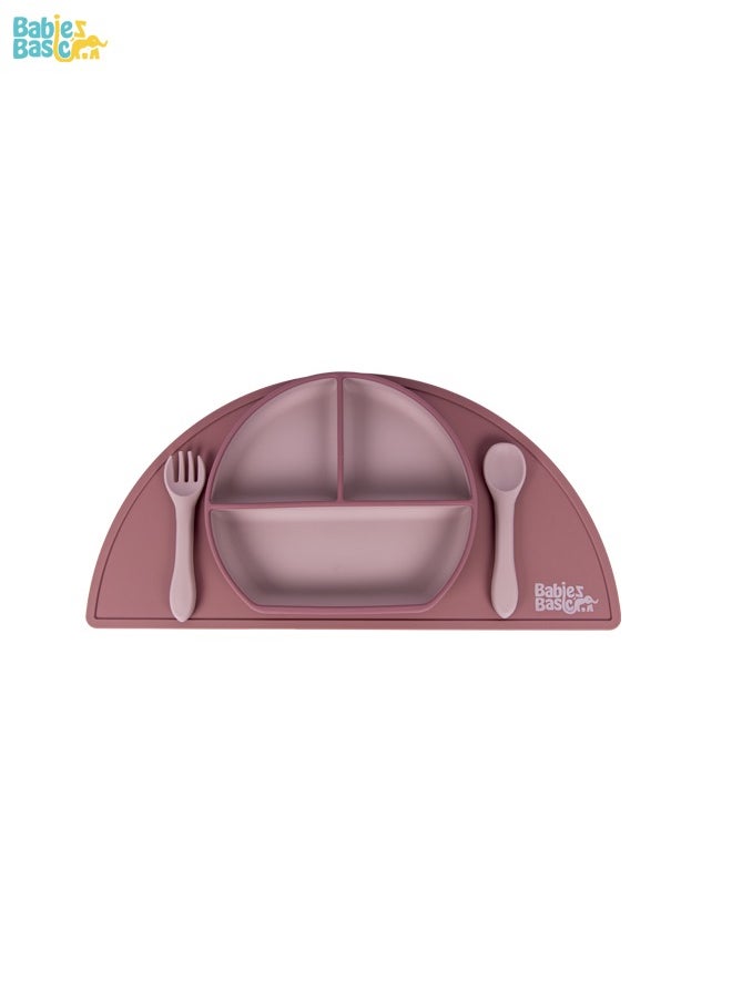 Babies Basic Feeding Set, 3 Piece, Silicone Set For Self Feeding, Learning & Fine Motor Skills Soft, Easy To Grip,Silicone Suction Plate With Silicone Spoon And Fork - Pink  - Image 1