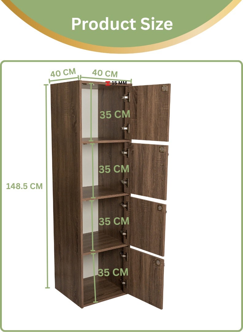 اي اف تي خزانة تخزين خشبية حديثة بأربعة طوابق مع أبواب قابلة للقفل - منظم قائم بذاته بارتفاع 148.5 سم مع 4 رفوف واسعة بقياس 35 سم، مساحة سطح 40 × 40 سم، ألواح بسمك 15 مم - خزانة متينة متعددة الأغراض للاستخدام في المنزل أو المكتب أو غرفة النوم - خشب بلوط سونوما (عرفان) - Image 3