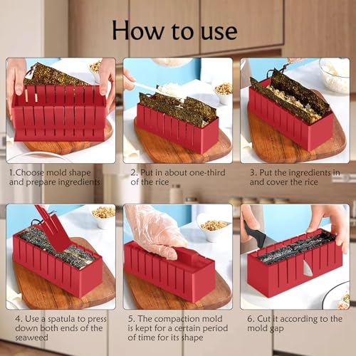 XPAPOV Sushi Maker, 10 Piece Sushi DIY Mold Set - Easy Sushi Making Kit, Help to Make Round Shaped Sushi (Red) - Image 3
