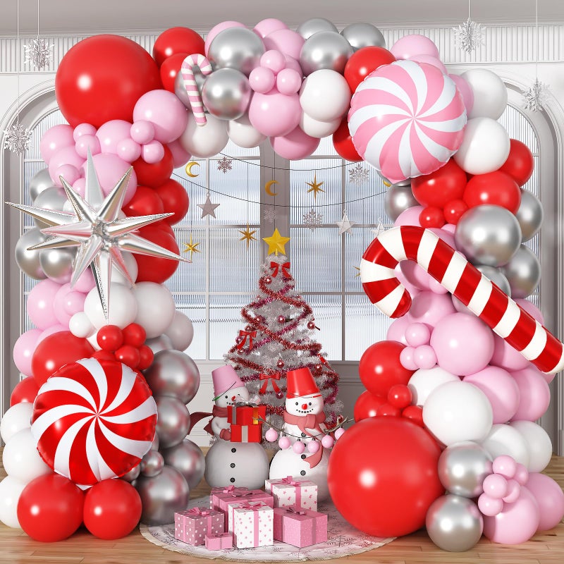 Froova Pink Christmas Balloon Garland Arch Kit 127Pcs Light Pink and Red Silver Balloon with Candy Cane Star Foil Balloons for Christmas Winter Holiday Girls Baby Shower Birthday Party Decorations - Image 3