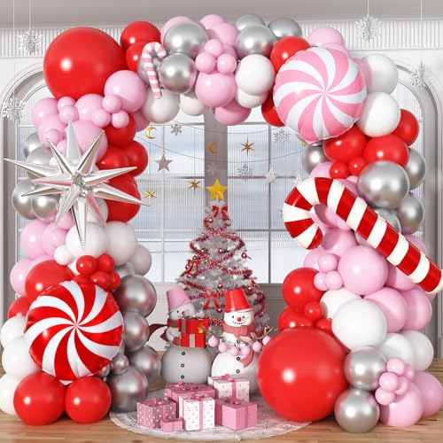 Froova Pink Christmas Balloon Garland Arch Kit 127Pcs Light Pink and Red Silver Balloon with Candy Cane Star Foil Balloons for Christmas Winter Holiday Girls Baby Shower Birthday Party Decorations - Image 1