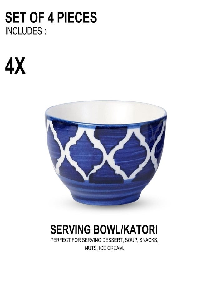 Freakway Hand-Painted Umrao Glossy Ceramic Bowl Set of 4 (150ml) | Small Serving Soup Bowls, Cereal Bowl, Pasta Bowls | Dishwasher & Microwave Safe - Blue - Image 3