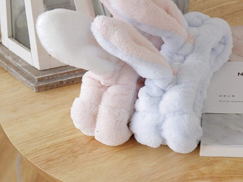 bouti1583 Women Fashion Soft Flannel Bunny Ear Makeup Cosmetic Shower Elastic Headband 2Pcs - Image 3