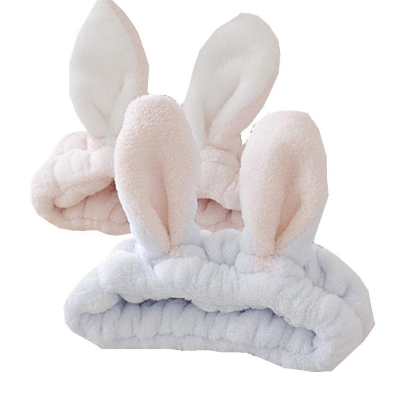 bouti1583 Women Fashion Soft Flannel Bunny Ear Makeup Cosmetic Shower Elastic Headband 2Pcs - Image 1