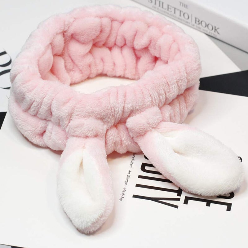 bouti1583 Women Fashion Soft Flannel Bunny Ear Makeup Cosmetic Shower Elastic Headband 2Pcs - Image 4