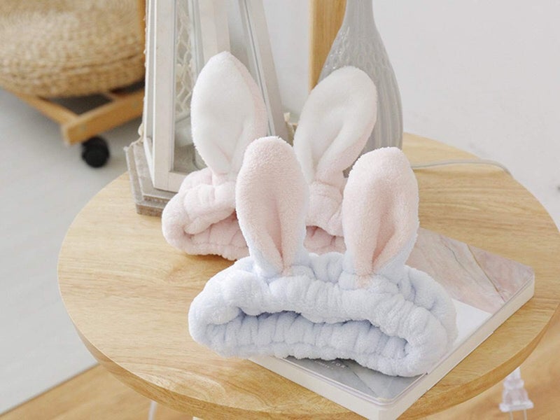 bouti1583 Women Fashion Soft Flannel Bunny Ear Makeup Cosmetic Shower Elastic Headband 2Pcs - Image 2