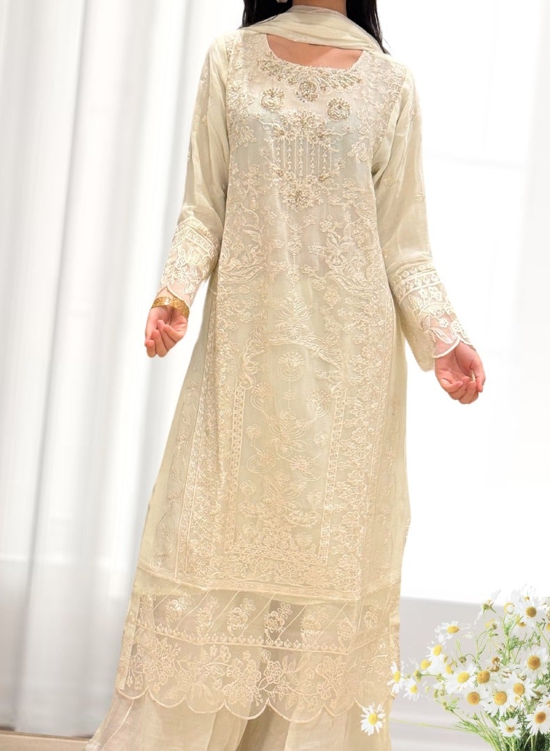 Winchell's Embroidered Pure Chiffon Shirt with Matching Dupatta & Raw Silk Trousers | Large | Off White - Image 2