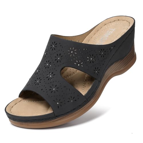 TEMOFON Women Wedge Sandals Dressy: Gray Low Platform Sandal Womens Comfortable Wide Width Leather Sandals Woman Casual Slip on Wedge Summer Shoes Size 5 - Image 1