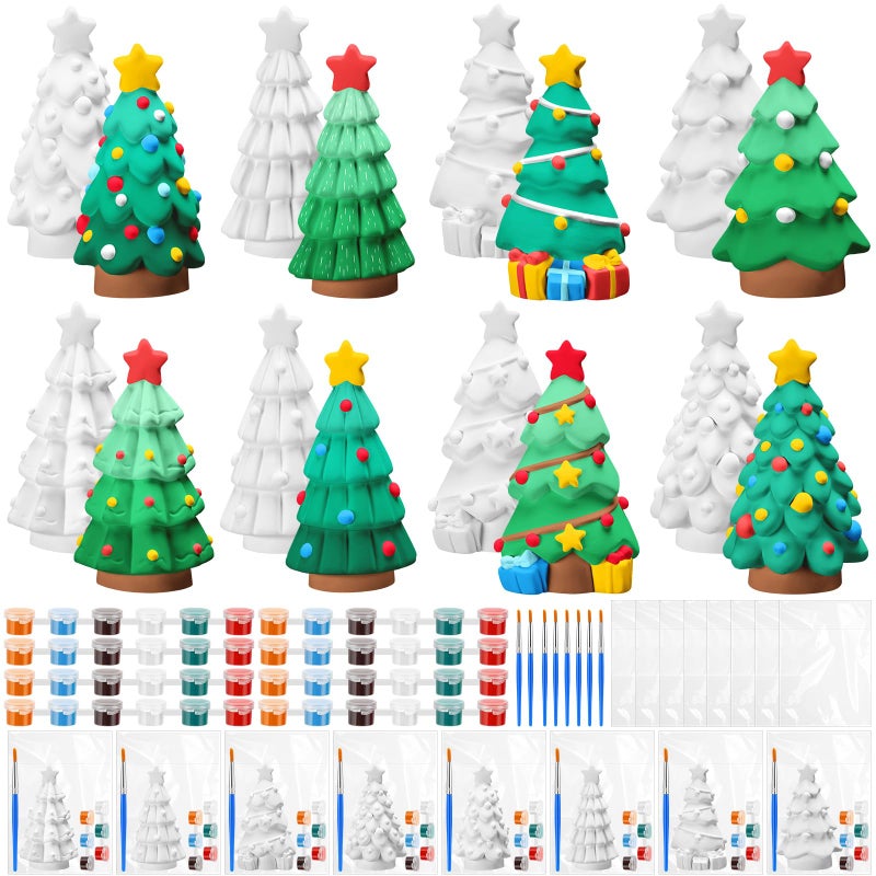 VercanMonth 8 Pcs Christmas Tree Painting Kit Ceramic DIY Ready to Draw Xmas Statues Paint Your Own Christmas Tree Figurines Unpainted Plaster Craft with Brush Palette for Adult - Image 2
