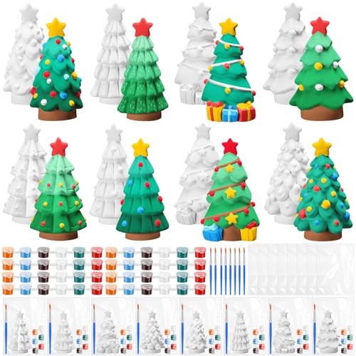 VercanMonth 8 Pcs Christmas Tree Painting Kit Ceramic DIY Ready to Draw Xmas Statues Paint Your Own Christmas Tree Figurines Unpainted Plaster Craft with Brush Palette for Adult - Image 1