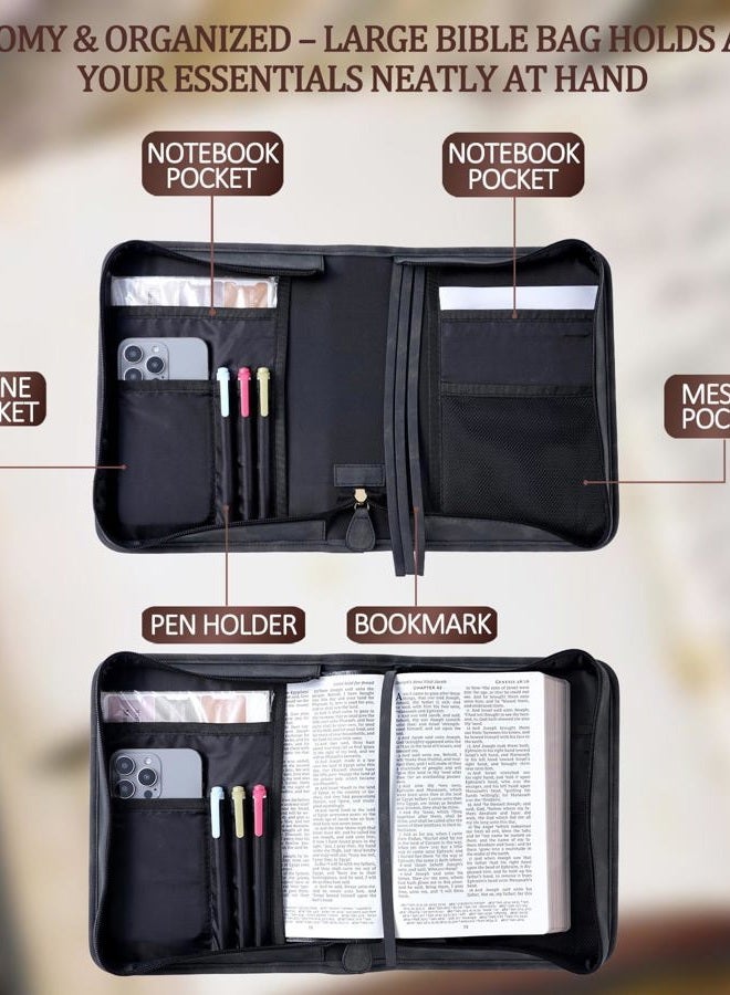 HFLZBRO Vegan Leather Bible Cover Case, Bible Bag with Phone Pocket, Bible Case for Men Women, Christian Gift Box Packaging (Black, Large) - Image 2