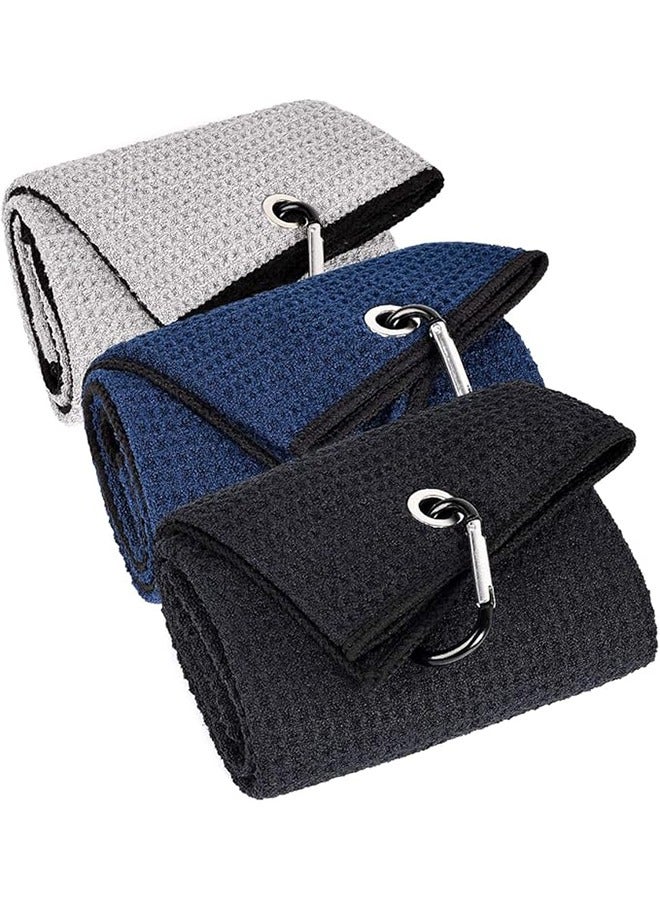 3 Pack Large Golf Towels, 11.8" X 11.8" Tri-Fold Portable Microfiber Fabric Waffle Pattern Golf Towel With Carabiner Quickly Removes Sand, Mud, Dirt And Sweat - Image 1