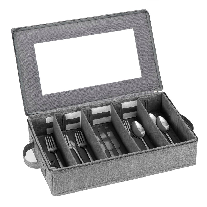 Lafulling Flatware Utensil Storage Case, Silverware Storage Box Chest with Adjustable Dividers, Cutlery Storage Holder with Zipper Lid for Organizing Cutlery, Flatware, Knives, Large Capacity Gray - Image 1