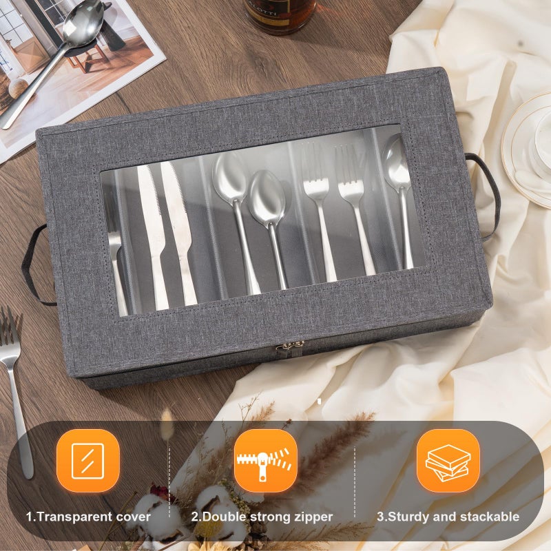Lafulling Flatware Utensil Storage Case, Silverware Storage Box Chest with Adjustable Dividers, Cutlery Storage Holder with Zipper Lid for Organizing Cutlery, Flatware, Knives, Large Capacity Gray - Image 2