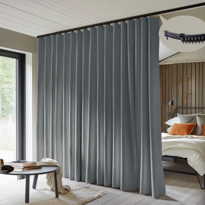 MaKefeile Room Divider Curtains with Flexible Ceiling Curtain Tracks Set,100% Blackout Floor to Ceiling Curtains Patio Sliding Door Curtains (Dark Grey Drape & Black Rail W 8.3 Ã— H 8 FT) - Image 1