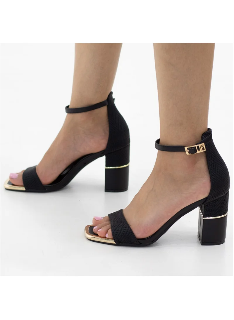 LAMARAPARIS Hafsa one band ankle strap gold toe trim 8.5cm heel sandal black