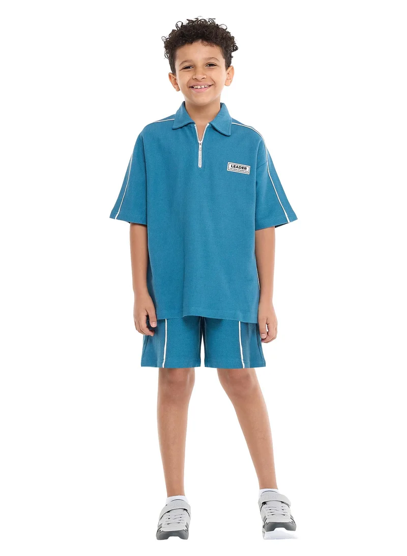 victor and jane Victor and Jane Boys' Jacquard Set – Teal 2-Piece Outfit with Pockets, Polo T-Shirt With Half  Zipper and Shorts