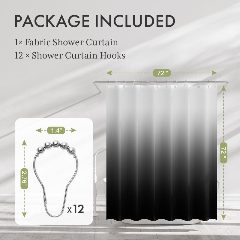 AmazerBath Shower Curtain, Cloth Ombre Black Shower Curtain Set with 12 Hooks, Washable Fabric Black and White Shower Curtain, Rustic Farmhouse Bathroom Shower Curtain, 72x72 Inches - Image 2